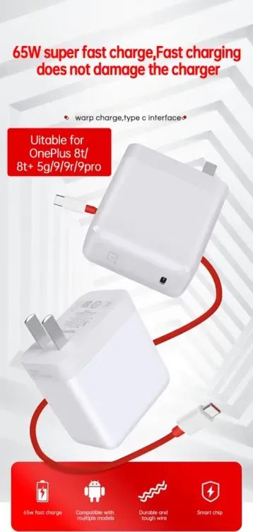 65 watt WARP Charger for OnePlus All Models With Data Cable Warp Charger for OnePlus with Fast Charging Cable USB C to USB C 65W Power Adapter